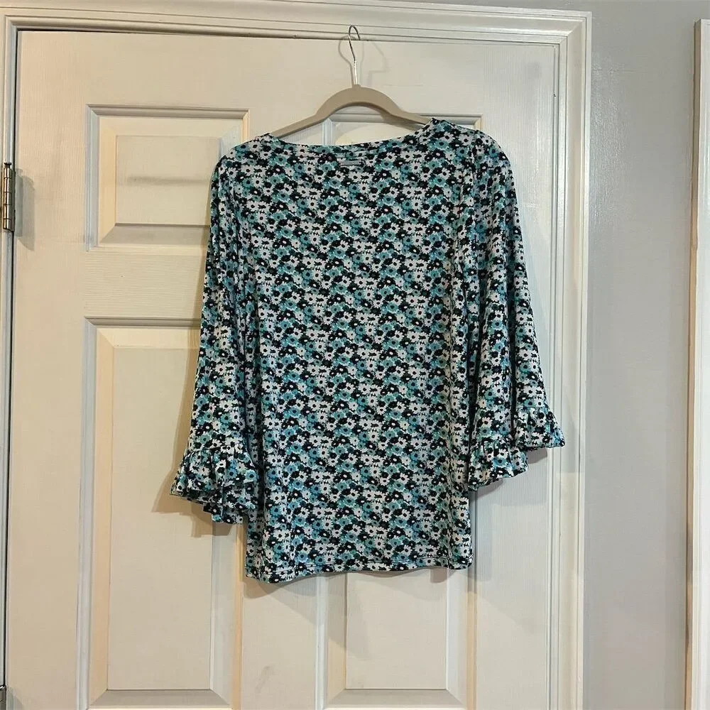 Michael Kors Women's Floral Bell Sleeve Shirt Blue Size S